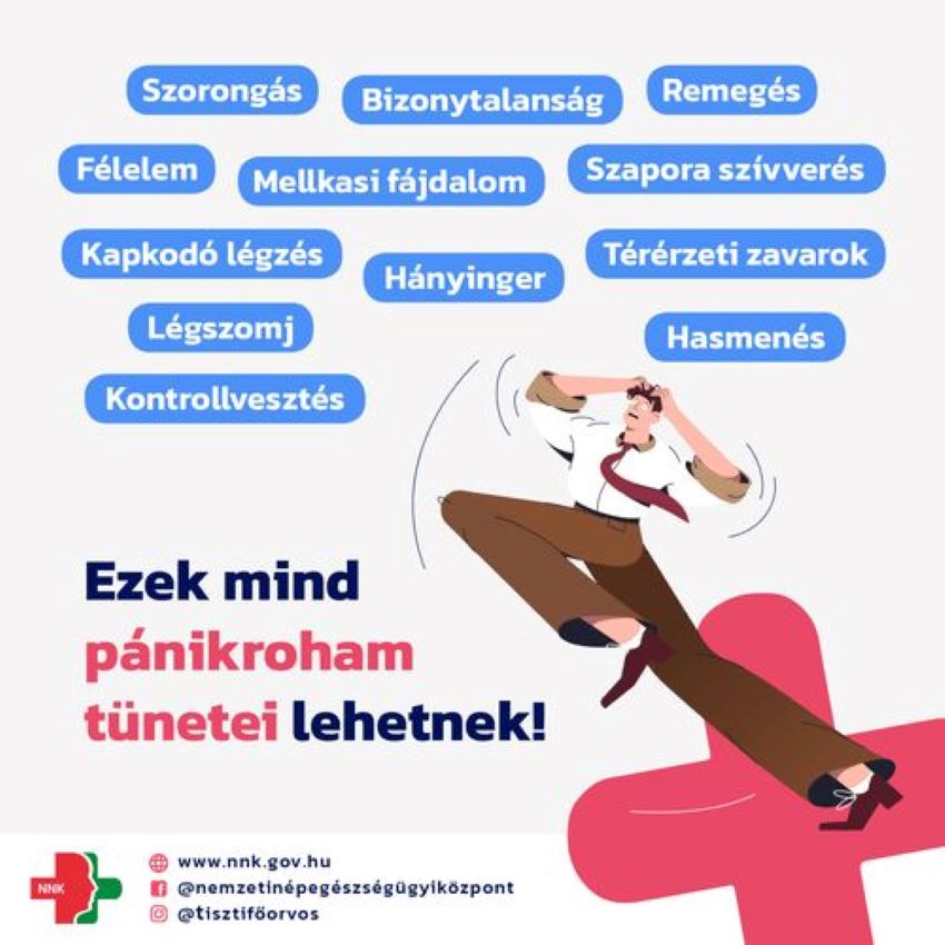 Szorongás, bizonytalanság, remegés, félelem, mellkasi fájdalom, kapkodó légzés, hányinger,  térérzeti zavarok, légszomj, hasmenés, kontrollvesztés. Ezek mind pánikrohamtünetei lehetnek! Nemzeti népegészségügyi központ